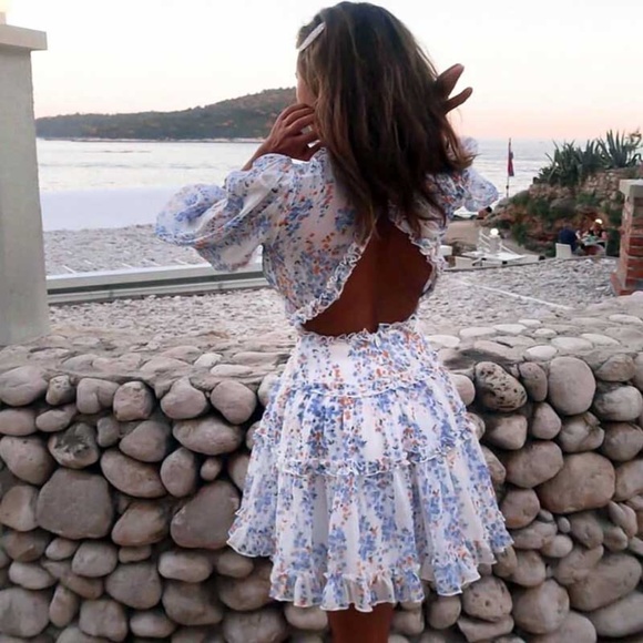 floral v neck open back boho ruffle dress white - Picture 2 of 11